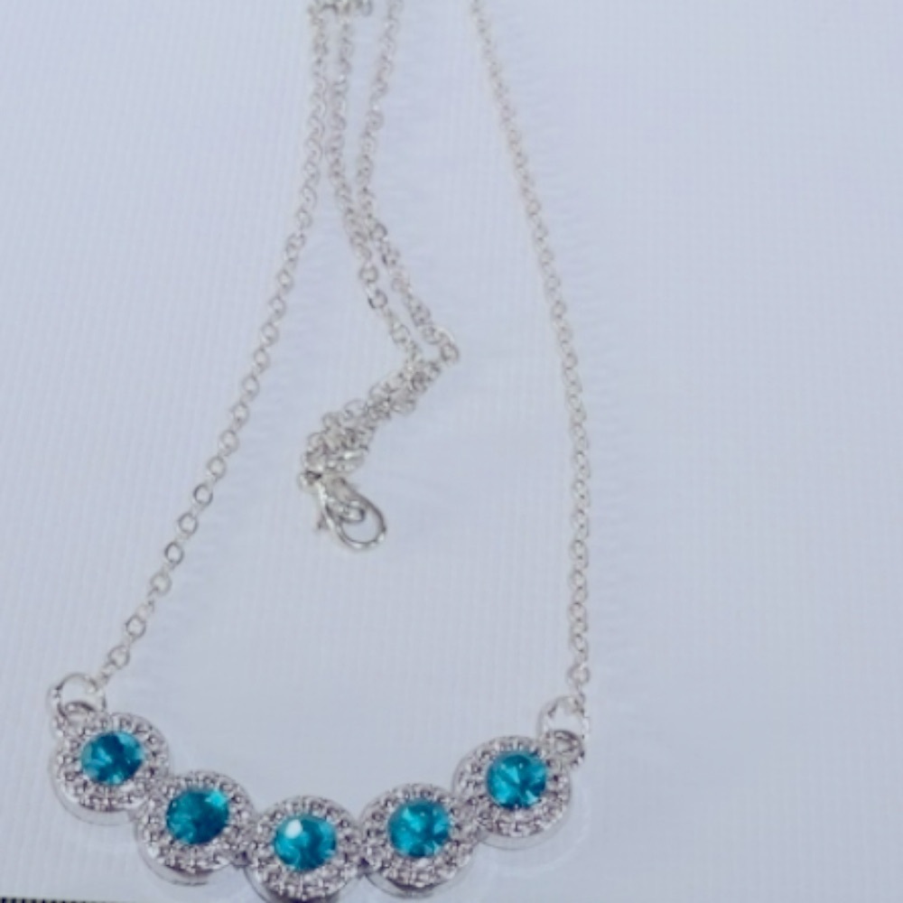 Silver Necklace Blue Aqua Marine Crystal CZ Rhinestone Chain Lobster Clasp NEW
